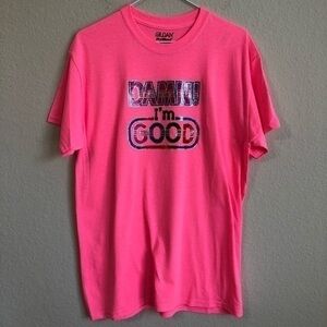 Vintage 1980s Damn I’m Good Glitter Iron-On On New Pink Short Sleeve T-Shirt